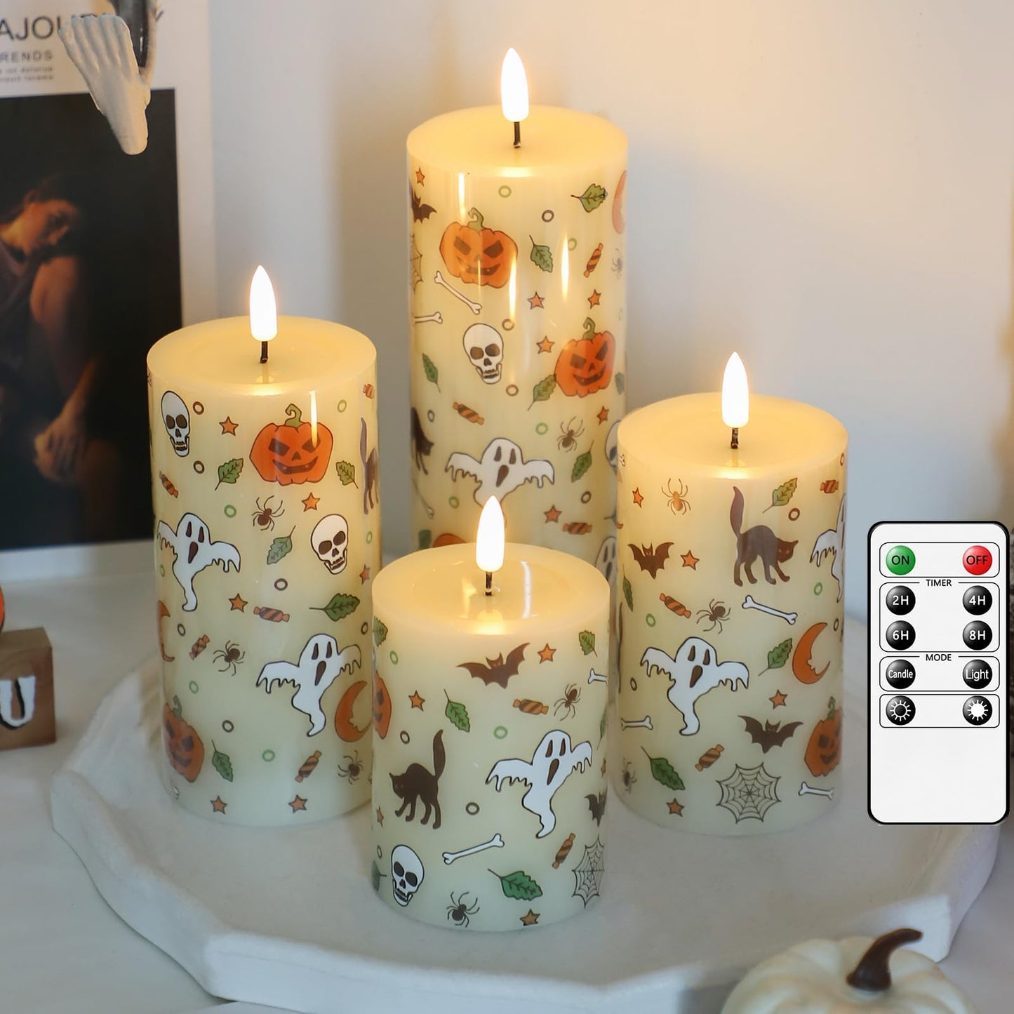 Lezonic Ivory Flameless Candles with Remote, LED Battery Operated Flickering with Timer, 4 Pack Glossy Wax Drips Design Real Wax Pillar for Halloween Decor, Centerpiece, Birthday Gifts (4/5/6/8 Inch)