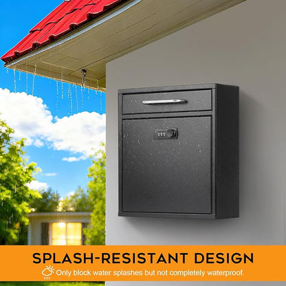 xydled Wall-Mount Mailboxes with Combination Lock, Steel Combination Lock Mail Boxes Outdoor, Locking Wall Mount Mailbox, Security Key Drop Box, 13.4H x 11.6L x 5.8W Inches, Black, Large