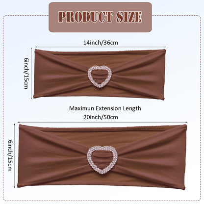 Fbewom Brown Chair Sashes 60 Pack Spandex Brown Sashes for Chairs Universal Spandex Chair Sashes Bands with Heart Buckle Slider for Wedding Banquet Party Decorations