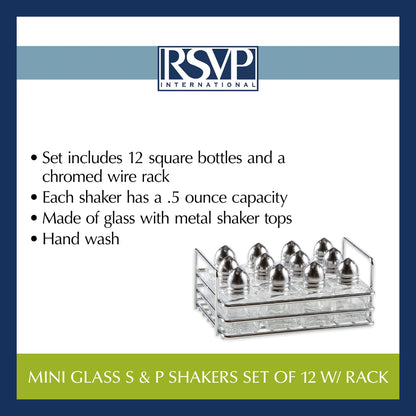 RSVP International Mini Glass Salt & Pepper Set Holder Included, 12 Shakers, Chrome and Stainless Steel