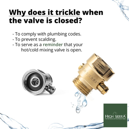 High Sierra® - All Lead-Free Brass Trickle Valve For Shower Heads. For Pause & Pressure Control. Easy To Push Button Reduces The Flow of Water or Shuts It Off to Just a Trickle - Chrome