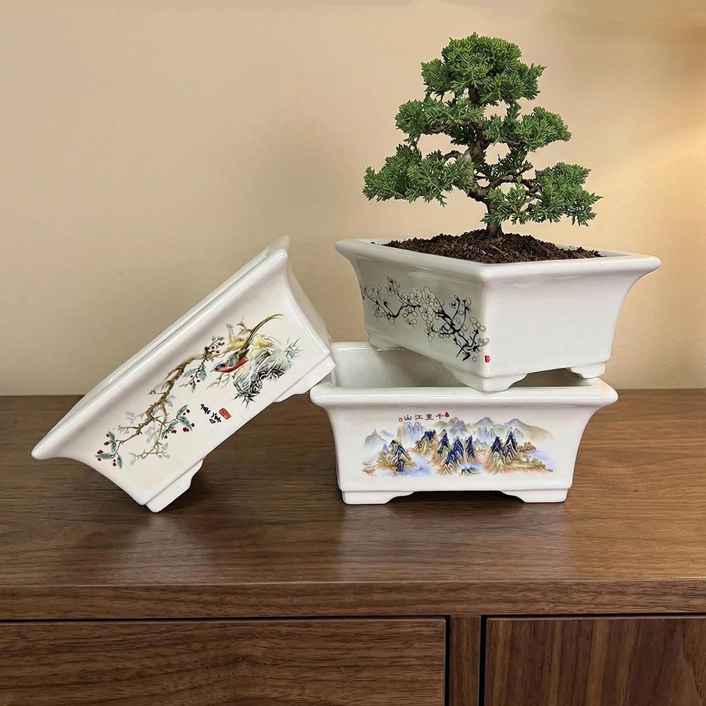 KyoYi Bonsai Pots with Drainage Tray, 6 Inch Plant Pot, Rectangular Chinoiserie Ceramic Planters,Painted Shallow Pot for Succulents, Bonsai Tree, Indoor Plants | Home Office Table Top Decor & Gifts
