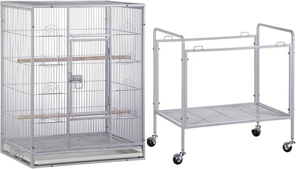 53 Inch Height Wrought Iron Standing Parrot Large Flight Bird Cage with Rolling Stand Birdcages for Parakeet Cockatiel Conure Lovebird Finch, White