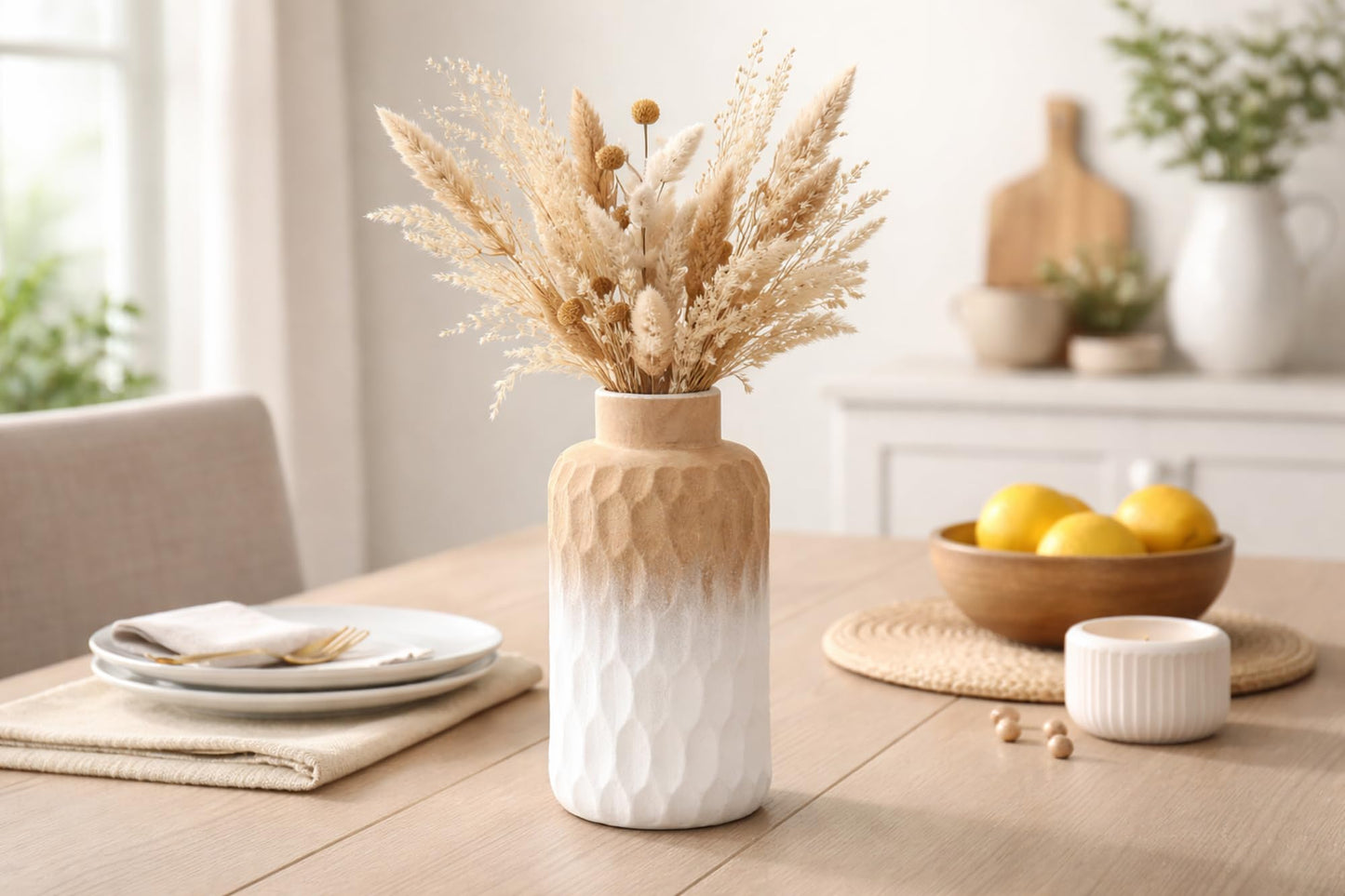 Aeravida Uniquely Etched Scales Light Brown Cylindrical Mango Tree Wooden Vase | Modern Flower Vase | Mango Tree Wooden Flower Vase | Flower Vases for Living Room (White-Brown)