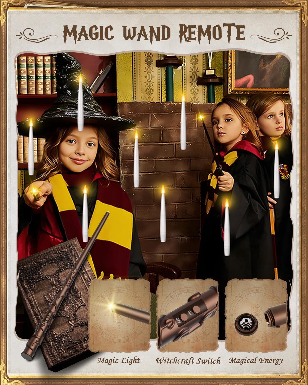 Floating Candles with Wand - Christmas Magic Hanging Flameless Candles Taper Candles with Remote for Halloween Window Home Bedroom Birthday Party Decorations (10 PCS White Candles + 1 Brown Wand)