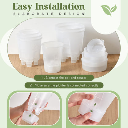 Wonderjune 6 Pcs Self Watering Plant Pots, 4.72''/ 5.91''/ 7.09'' Nursery Pots with Deep Reservoir & High Drainage Holes for Outdoor Plants and Flowers, Bare Root Planter(Clear)