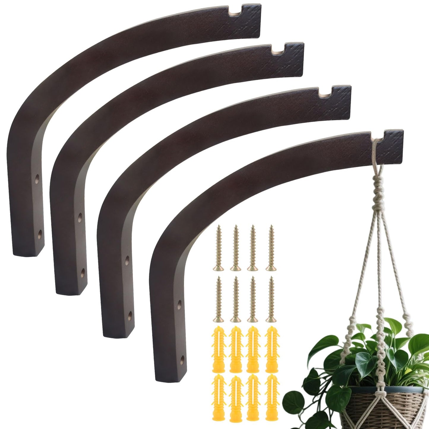 Moicstiy 4 Pcs Wooden Hanging Plant Hanger, 9 Inch Hanging Plant Hooks for Indoor and Outdoor, Wall Mounted Rustic Hook Brackets for Planters, Bird Feeders, Lanterns, Wind Chimes (Walnut)