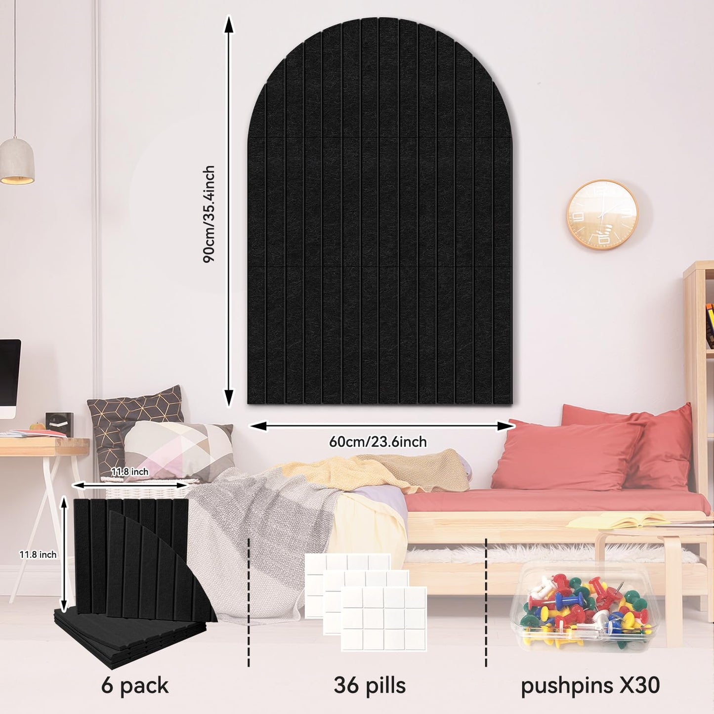 Yunihome Large Cork Board for Wall & Office Decor, 36" x 24" Arched Felt Bulletin Board Pin Board Vision Board with 30 Pins – 6 Customizable Wall Tiles for Office Home Bedroom, Photo & Picture Display
