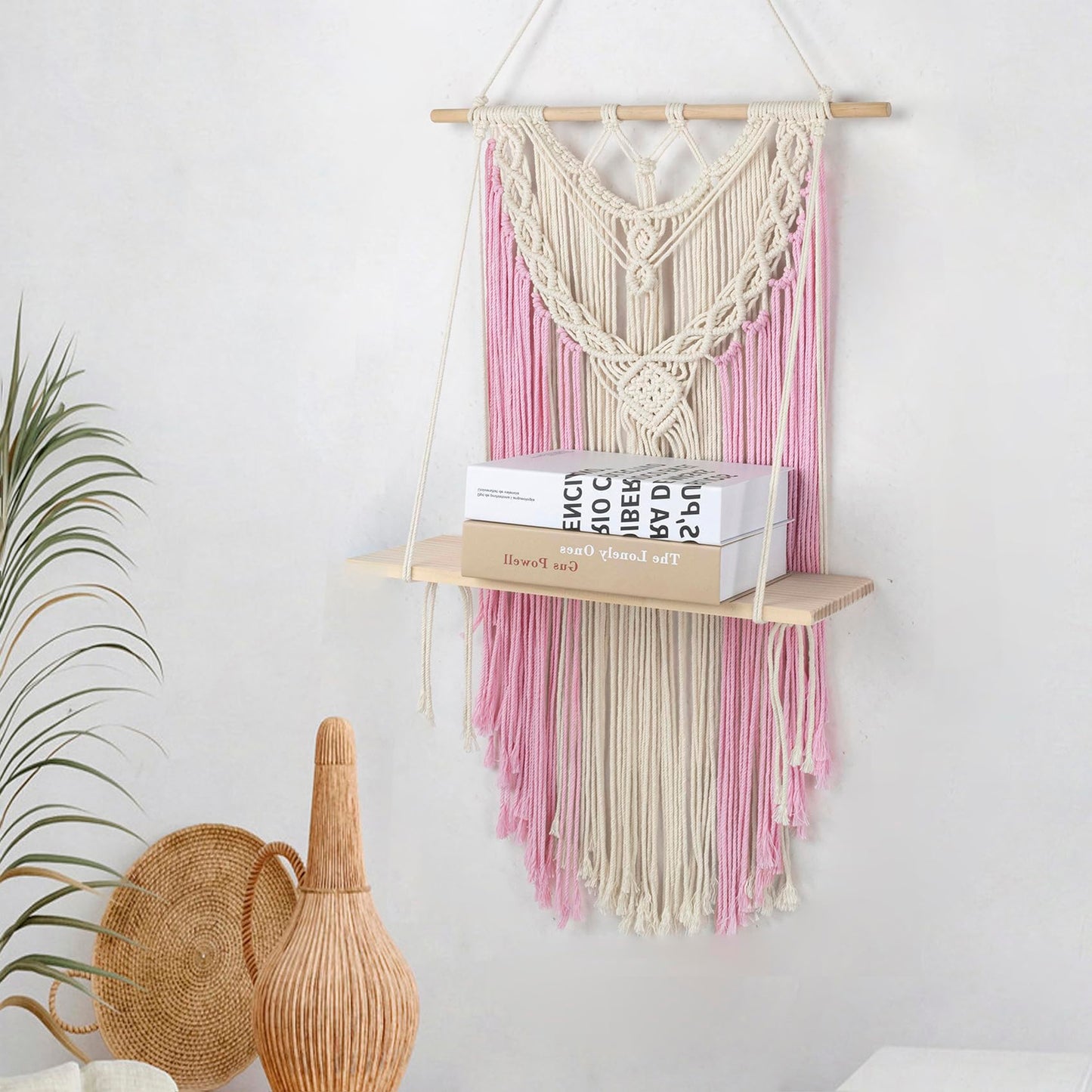 HVEST Pink Macrame Wall Hanging Shelf Boho Wall Decor Floating Storage Book Shelf Pink and Beige Handmade Woven Tapestry for Bedroom Living Room Dorm Nursery Bathroom Wall Art Macrame Plant Hanger