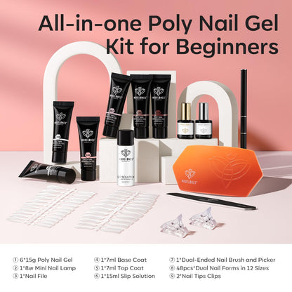 modelones Poly Gel Nail Kit 6 Colors with 8 W Nail Lamp Extension Gel Kit Jelly Milky White Pink Nude Complete Tools Beginner Thickening Solutions DIY at Home for Women