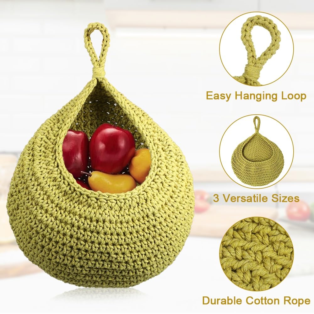 LucyPhy Hanging Storage Basket Set of 3 Sizes - Cotton Rope Organizer with Hooks for Home, Kitchen, Bathroom & Wall