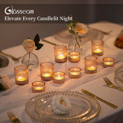 Glasseam Gold Votive Candle Holders: 8 Pcs Ribbed Glass Tealight Candle Holder Set Tea Light Holders Wedding Decorations for Reception Modern Home Decor Centerpiece Gifts