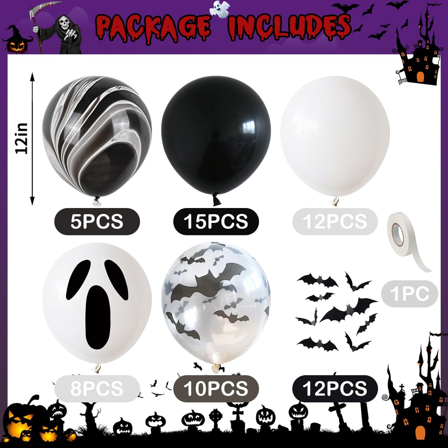 Froova Halloween Balloons Black and White Balloons with 3D Bat Stickers Bat Print Balloon and Black Marble White Ghost Balloon for Happy Halloween Skull Skeleton Spooky Birthday Horror Party Decor