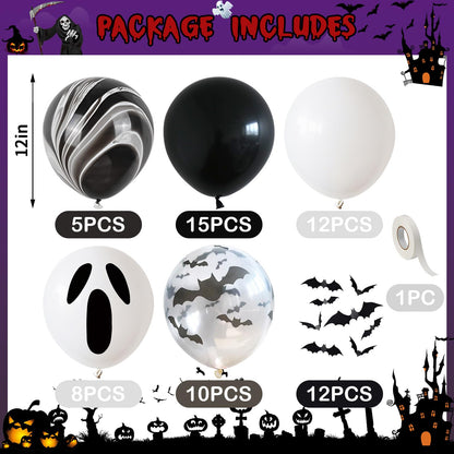 Froova Halloween Balloons Black and White Balloons with 3D Bat Stickers Bat Print Balloon and Black Marble White Ghost Balloon for Happy Halloween Skull Skeleton Spooky Birthday Horror Party Decor
