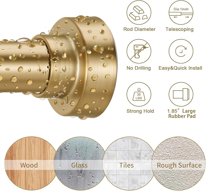 YNL Shower Curtain Rod 34-120 Inches, Adjustable Gold Shower Rod No Drilling, Non-Slip, Never Rust, Stainless Steel, Suitable for Bathroom Living Room, Gold