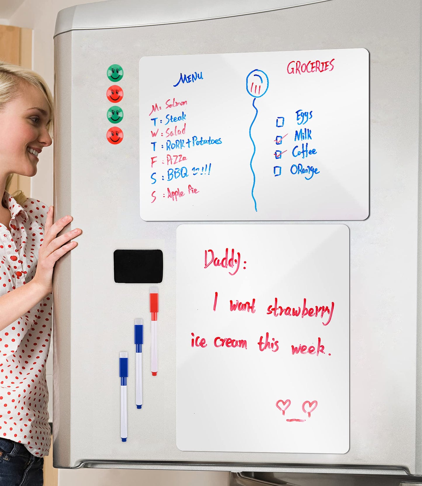 Magnetic Whiteboard for Refrigerator 2 Pack, 16x12 Inch Fridge Dry Erase Board with 3 Markers, Eraser & Magnets - Kitchen Menu Planner, Grocery List Organizer (White, 12×16inch)