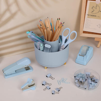 SKYDUE Desk Organizers and Accessories 10Pcs, 360-Degree Rotating Pen Holder, Stapler, Staple Remover, Tape Dispenser,2pcs Tape Refills, Binder Paper Clips Kit, Scissor (Blue)
