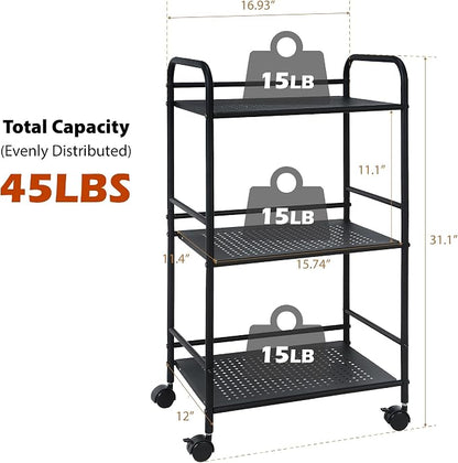 SunnyPoint 3-Tier Rolling Utility Cart – Metal Storage Organizer with Wheels, Mobile Kitchen Cart, Office & Home Organizer, Black, 12" D x 16.92" W x 31.1" H