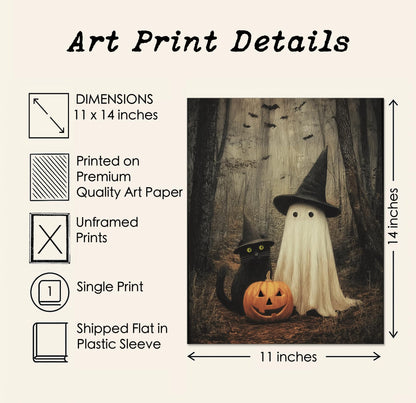 Japrex Ghost and Black Cat in Forest Wall Art Print, Spooky Halloween Art, Whimsigoth Wall Decor, Dark Academia Print, Farmhouse Halloween Decor, Fall Season Art (11 x 14 inch)