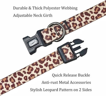 Dog Collar Leash Set, Leopard Pattern, Polyester Material, Adjustable Collar and 5ft Matching Leash, for Large Dogs.(L, Light Coffee Leopard)