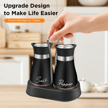 Salt and Pepper Shakers, Farmhouse Salt and Pepper Shakers Set with Holder, electroplated Handle, 4 oz Stainless Steel Glass Bottle Dispenser, for Table, RV, Camp, BBQ (Black)