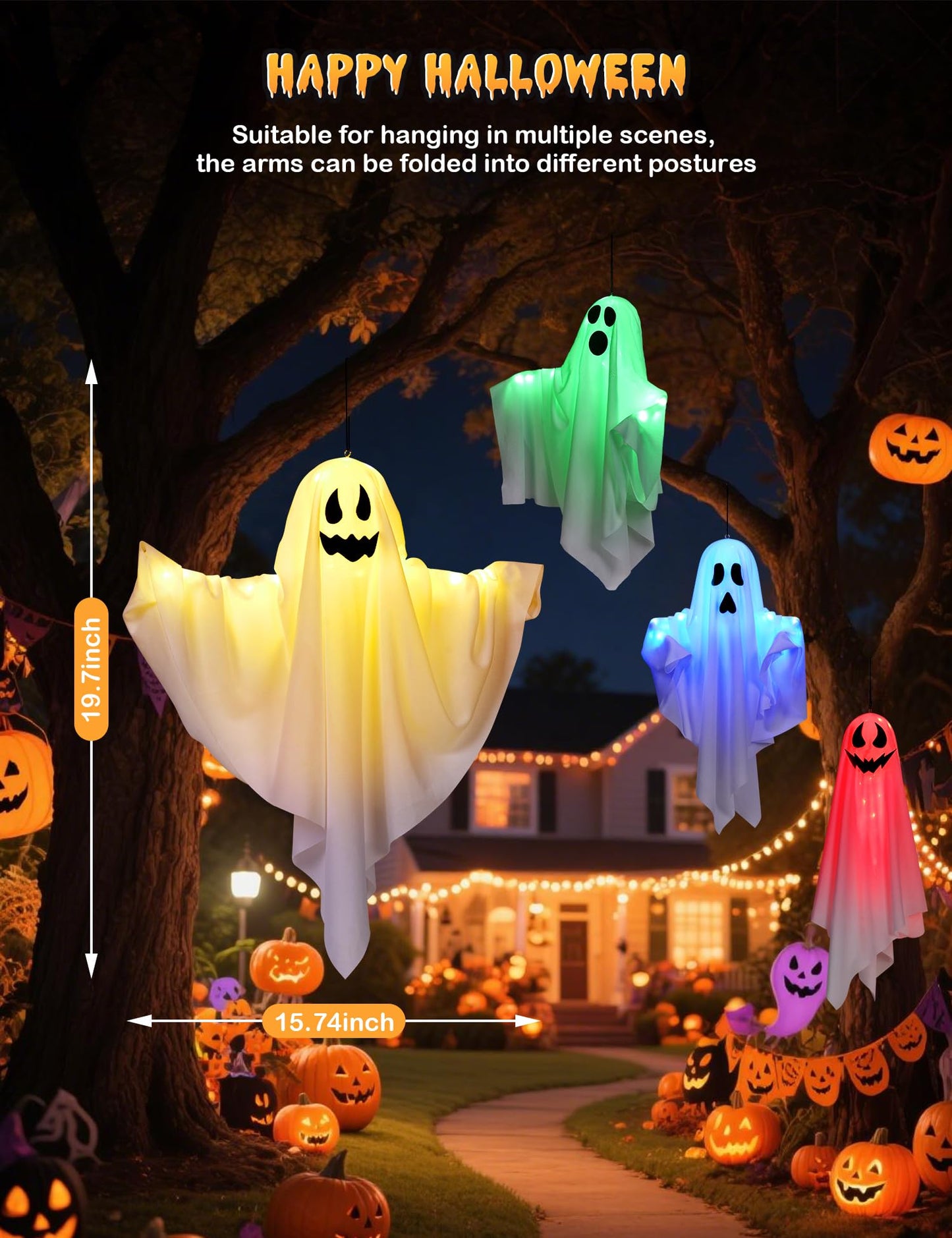 Lightshyer Halloween Decorations Outdoor Indoor 4 Pack Hanging Ghosts Halloween Haunted House Light Up Kit Decor for Tree House Yard Porch Window Bedroom Party