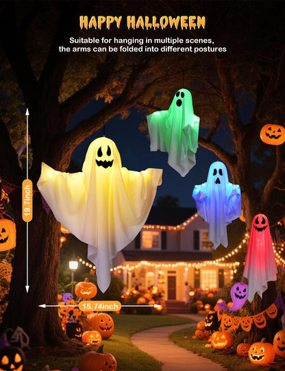 Lightshyer Halloween Decorations Outdoor Indoor 4 Pack Hanging Ghosts Halloween Haunted House Light Up Kit Decor for Tree House Yard Porch Window Bedroom Party