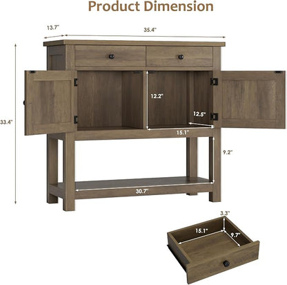 HOSTACK Farmhouse Console Table with 2-Door Cabinet & 2 Drawers, Coffee Bar, Entryway Table with Storage Shelf, Sofa Tables Buffet Sideboard for Kitchen, Hallway, Dining, Living Room, Rustic Brown