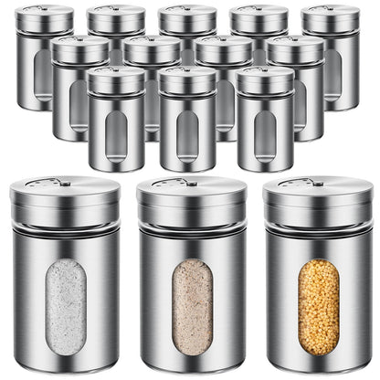 Dandat 12 Pcs Salt and Pepper Shakers Stainless Steel Spice Shakers with Adjustable Pour Holes and Glass Window 3.4oz Salt Dispenser Spice Jars with Rotating Lids for Sugar Seasoning Home