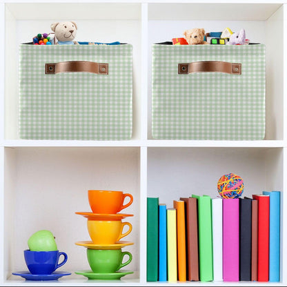 JUZIHAI Green Gingham Checkered Storage Basket, Collapsible Canvas Storage Organizer Bins with Handles for Toys Clothes Closet Shelves Nursery Office, 14.2x10.2x8.3 in