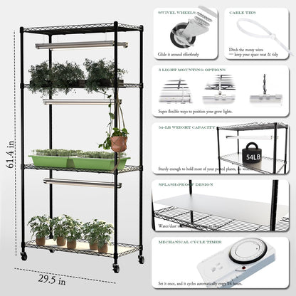 SQUEEZE master Indoor Greenhouse with Grow Lights-DIY Modular Plant Stand with 3-Tone Full Spectrum Lighting- Adjustable Shelves & 24H Timer-Rolling Plant Rack for Seed Starting
