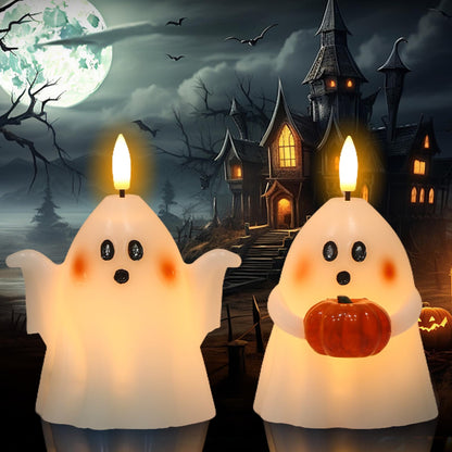 Eldnacele Spooky Ghost Halloween Flameless Candles with Timer Set of 2 Battery Operated LED Pillar Candles Ghost Light Real Wax 3D Wick Flickering Long Lasting Home Indoor Decor(3.5" D x5 H)