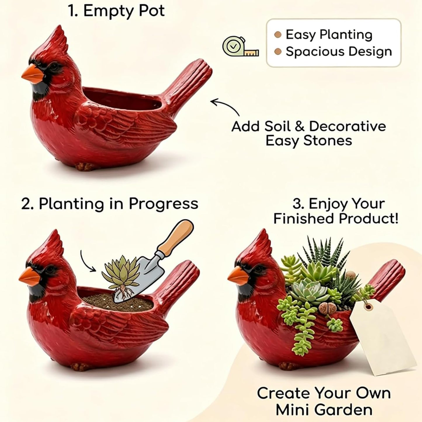Cardinal Bird Succulent Planter, Upgraded Resin Red Birds Plant Pot with Drainage Hole, Cardinal Flower Pot Resin Decorative Bird Planter, Cute Animal Plant Pot for Indoor Outdoor Plants (Mix*1)