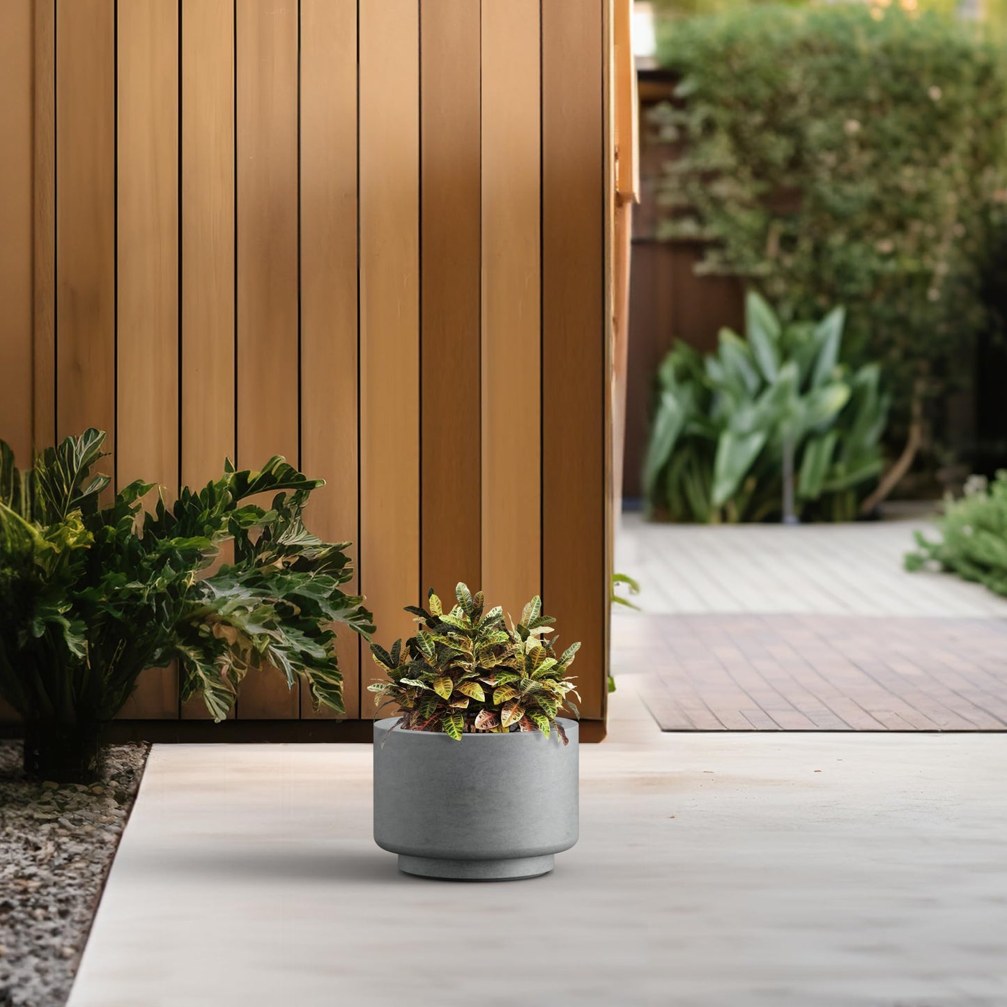 Kante 9.8 Inch Dia Concrete Planter, Round Pedestal Design Garden Pot for Indoor Outdoor Plants, Modern Flower Pot with Drainage Hole, Concrete Gray Finish with Painted Interior