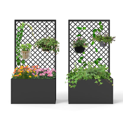 kinbor Planter with Trellis - Set of 2 Planter Boxes Outdoor, Metal Raised Garden Bed with Lattice Trellis for Climbing Plants, Black Flower Boxes Outdoor
