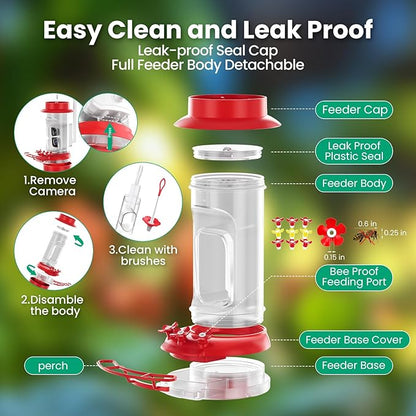 Soliom Hummingbird Feeder with Camera, Smart Feeder Camera with 2K Live View AI Identify, Leak Proof&Ant Moat&Bee Proof, Outdoor Pole/Hook Hanging, Ideal Gift for Family, 16 OZ with Solar Panel Red ﻿