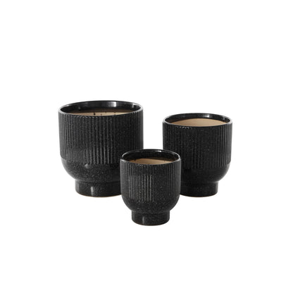 Deco 79 Ceramic Indoor Outdoor Planter Speckled Small Planter Pot with Linear Grooves and Tapered Bases, Set of 3 Planters 9", 8", 6"H, Black