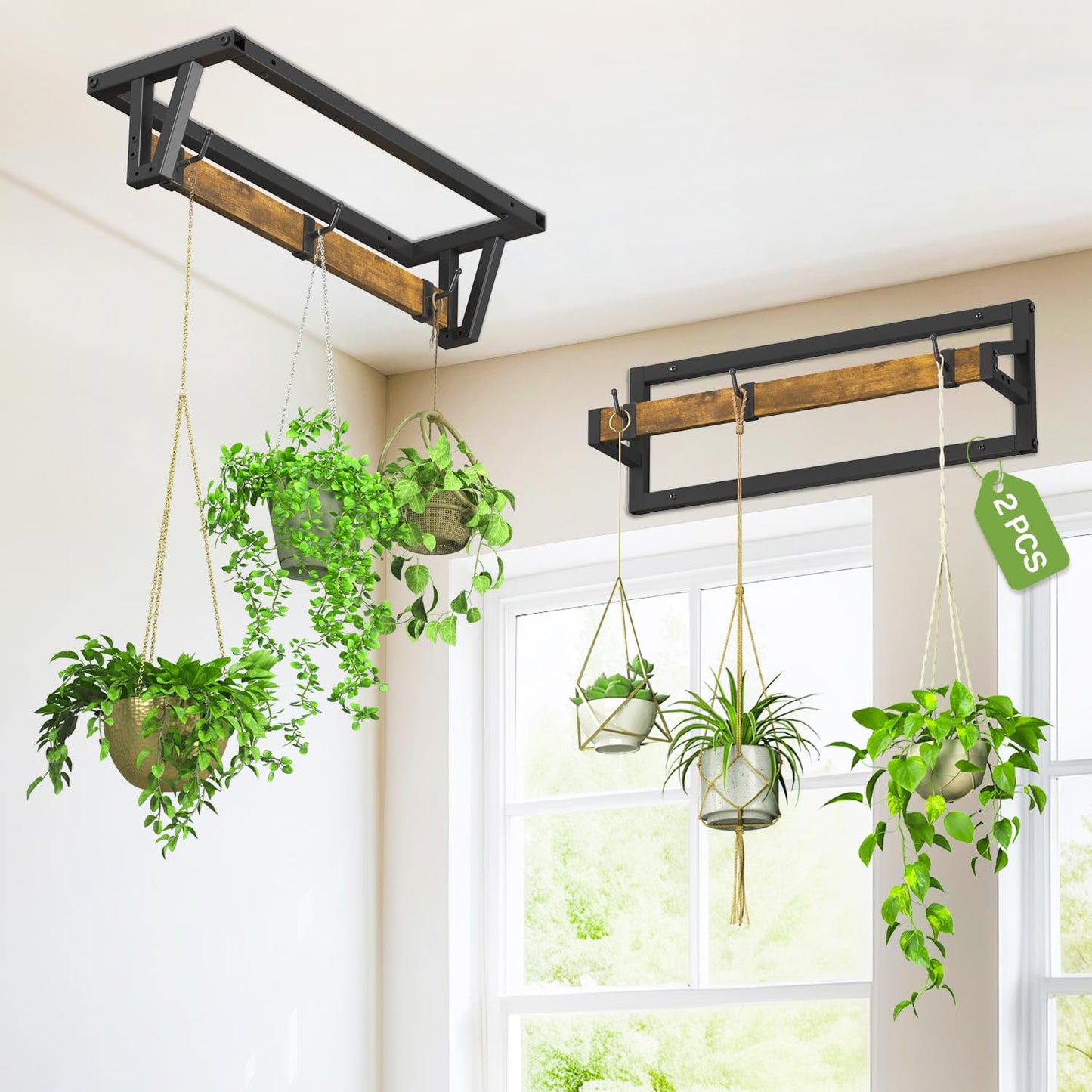 iDavosic.ly Plant Hanger Indoor Set of 2 for Wall & Ceiling, Metal and Wood Hanging Rod with 6 Hooks, Floating Flower Display Shelf for Window, Space Saving (Pots/Chains/Plants Not Included)