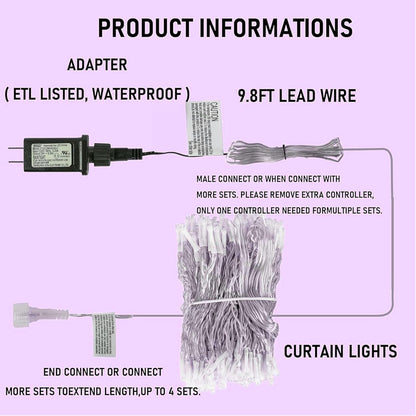 Dazzle Bright 300 LED Christmas Curtain String Lights, Halloween Fairy Lights for Bedroom with 8 Lighting Modes, Waterproof Window Light Party Wedding Garden Wall Decor, Purple