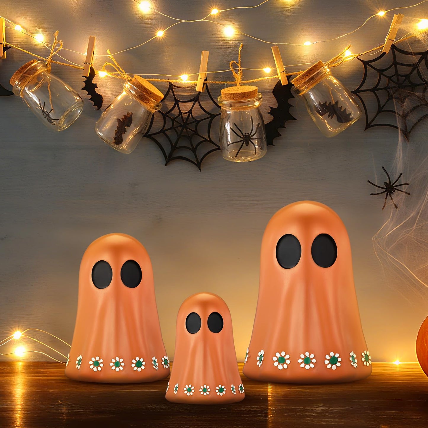 Tellingyou 3 Pcs Day of The Dead Resin Mexican Ghost Figurines Dia De Los Muertos Ghost Statue Terracotta Floral Tiered Tray Decor Table Centerpiece Halloween Home Desk Shelf Mantel Decoration Gifts