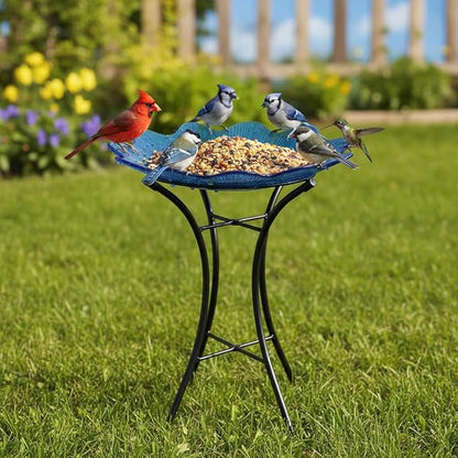 HONGLAND Bird Bath for Outside,15" Diameter Large Glass Birdbaths for Outdoors,Detachable Bird Baths Bowl with Metal Stand for Garden Patio Lawn Decor,19" Height - Blue