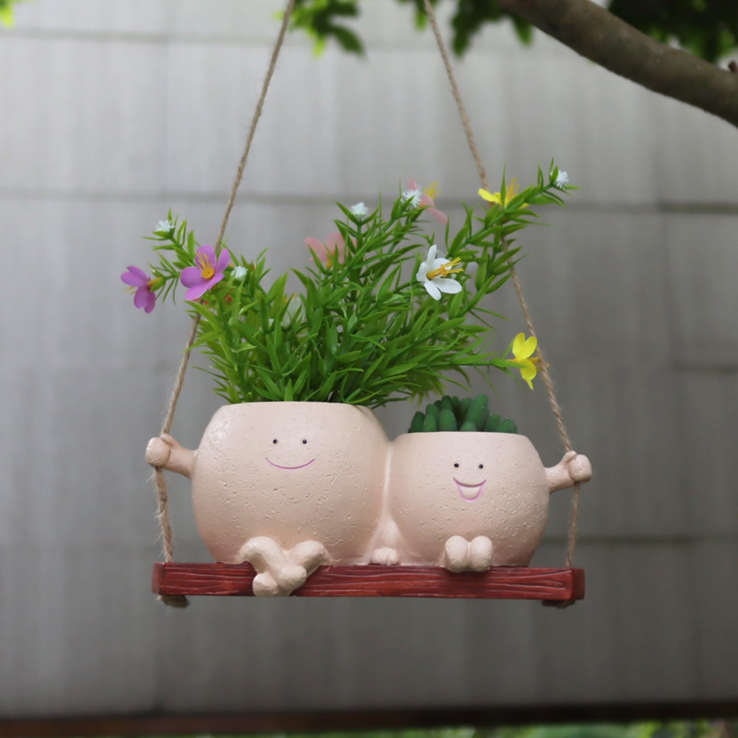 Dolkgy Hanging Planter Swinging Face Planters, Unique Head Flower Pots for Indoor Outdoor Plants, Cute Face Vase Funny Fence Wall Planter Succulent Pots