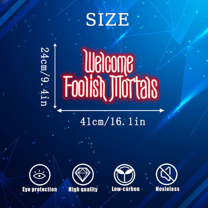 Welcome Foolish Mortals Neon Sign,Dimmable Spooky Gothic Haunted Mansion Coffin LED Neon Signs for Wall Decor,USB Powered Led Neon Light for Halloween Party Haunted House Man Cave Birthday Gifts(16.1*9.4in) (Red)