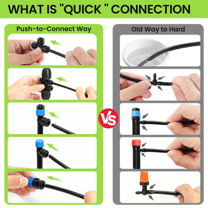 Bonviee 247FT Drip Irrigation System, Automatic Garden Watering System Kit with 50FT 5/16” & 1/4” Drip Tubing, Quick-to-Connect Fittings, Adjustable Drip Emitters for Raised Beds, Greenhouse, Lawn