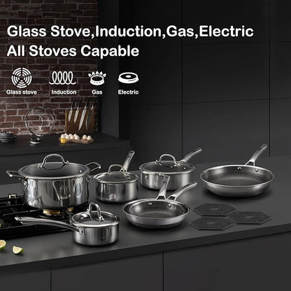 SNOWCLAD Pots and Pans Set Non Stick, 10 Pcs Hybrid Stainless Steel Cookware Sets, Non Stick Frying Pans, Saucepans, Saute Pan & Stock Pot, PFOA Free Kitchen Skillet,Induction Compatible