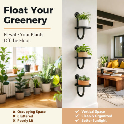 SUNCKET Wall Plant Holders for Indoor Plants, 3 Pack Metal Wall Mounted Plant Shelves，Modern Window Plant Hanger, Space Saving Hanging Planters for Living Room Bedroom Kitchen Bathroom Office Decor, Black
