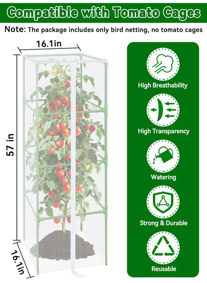 ZeeDix 57" x 16.1" Garden Bird Netting for Square Tomato Cage, 4 Pack Garden Mesh Barrier, Plant Covers Protect Tomatoes, Vegetables, Blueberry Bush from Birds & Pests