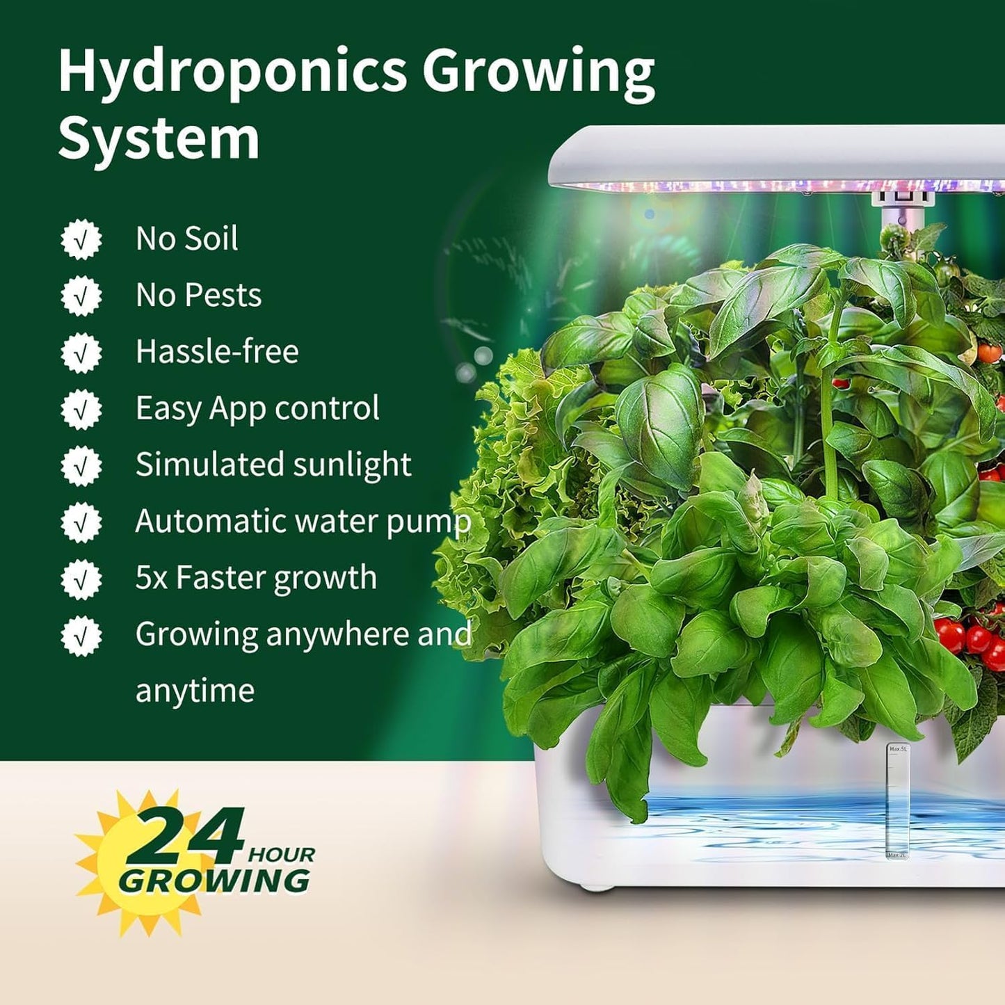 Hydroponics Growing System Kit with LED Grow Light, Indoor Gardening System with 14 Pods, WiFi Indoor Herb Garden, Herb Garden Kit Indoor, Adjustable Height Up to 16.5", Auto Pump, 5L Water Tank