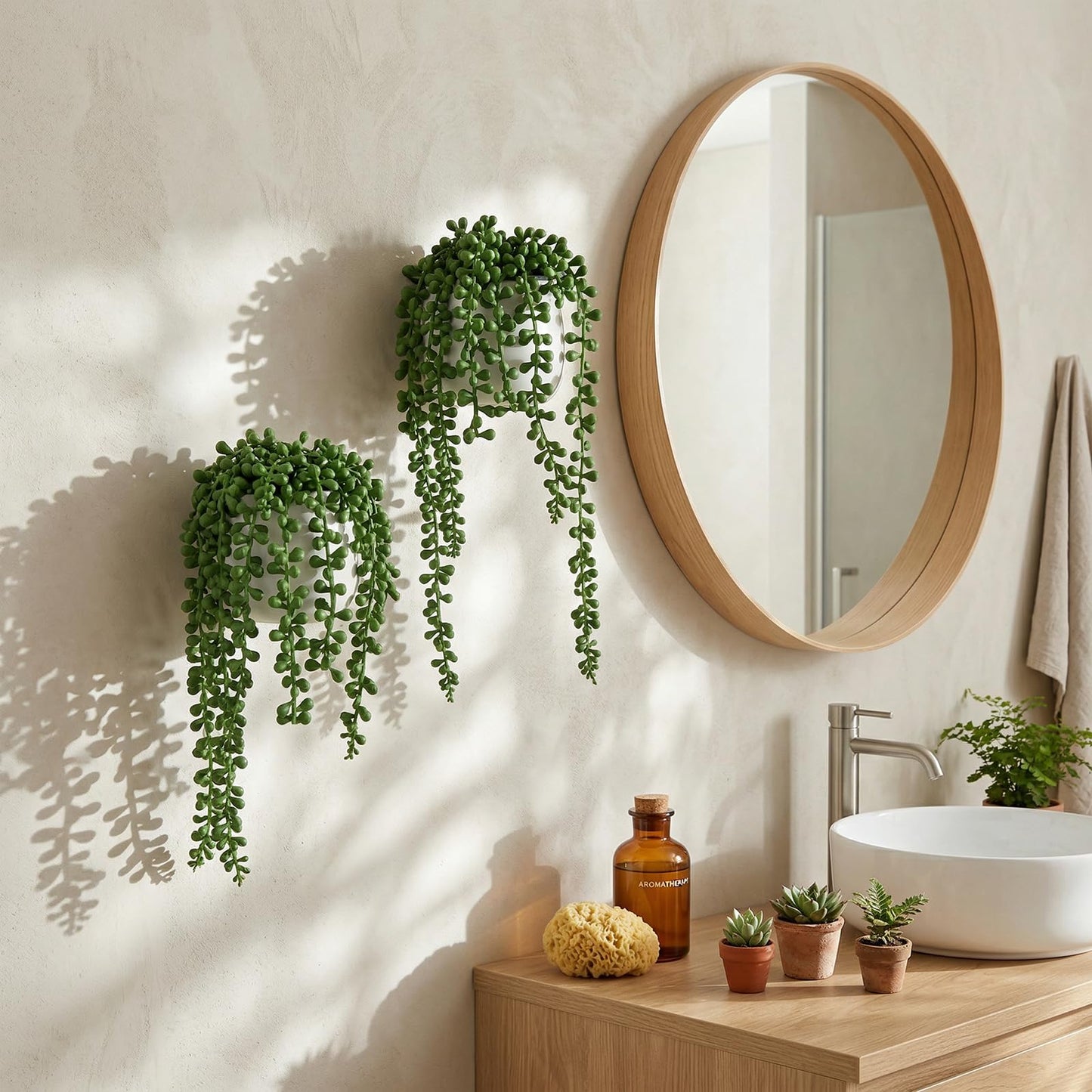 MyGift Artificial Faux String of Pearls Plants in White Ceramic Wall Hanging Planter Pot with Jute Rope, Set of 3