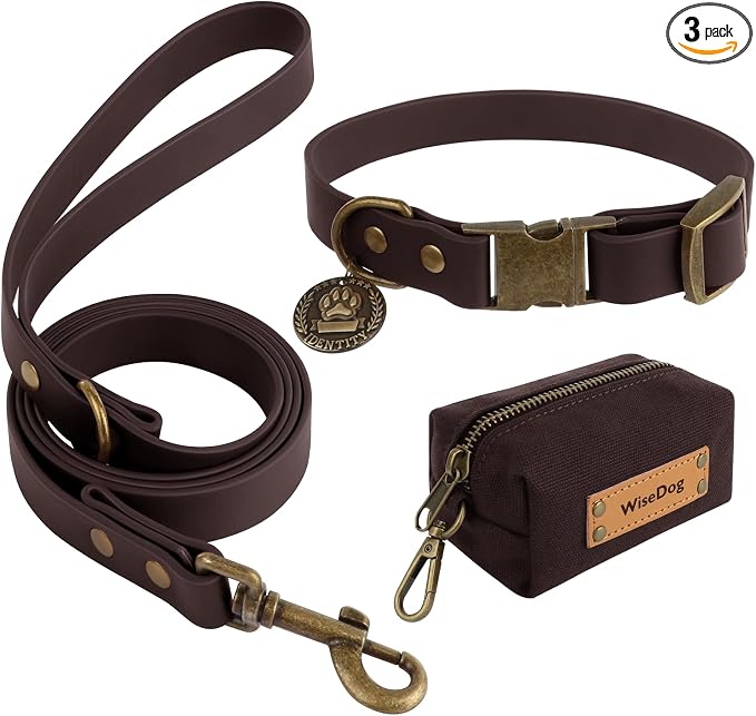 Wisedog Waterproof Dog Collar and Leash Set, Large, Brown | Adjustable Puppy Collar, Cute Tag, 5FT Leash, Includes Poop Bag, For Small Medium Large Dogs
